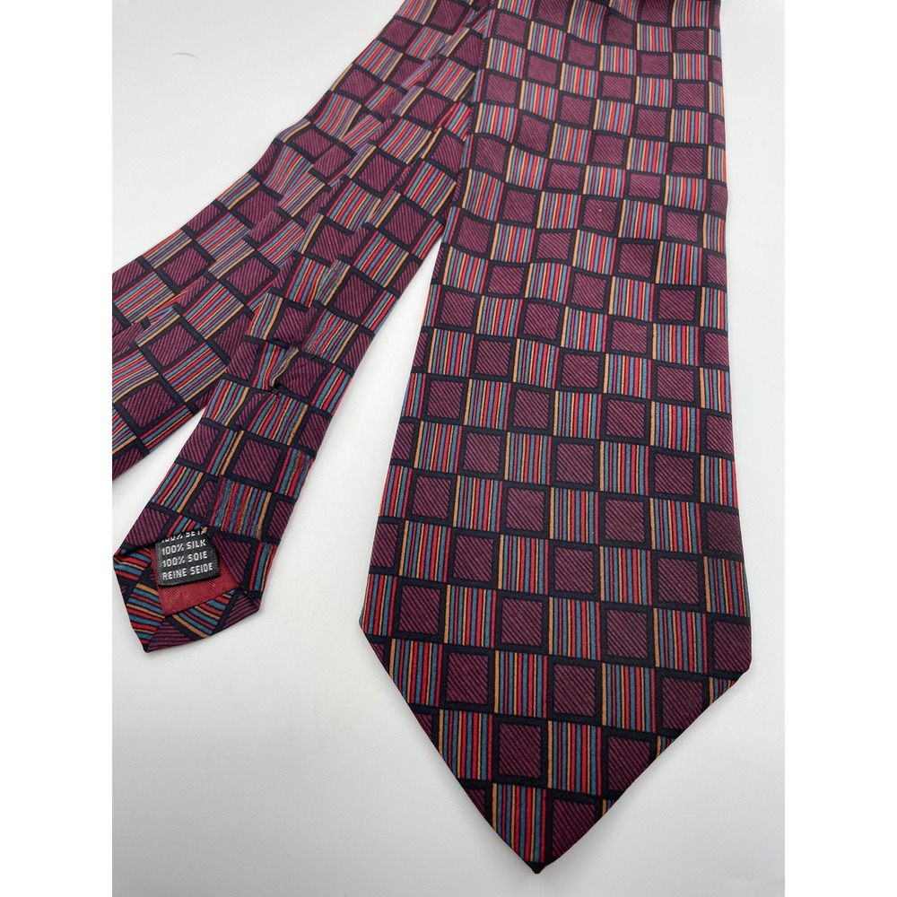 Brandini Mens Silk Necktie Burgundy Teal Geometric Striped Square Grid Pattern